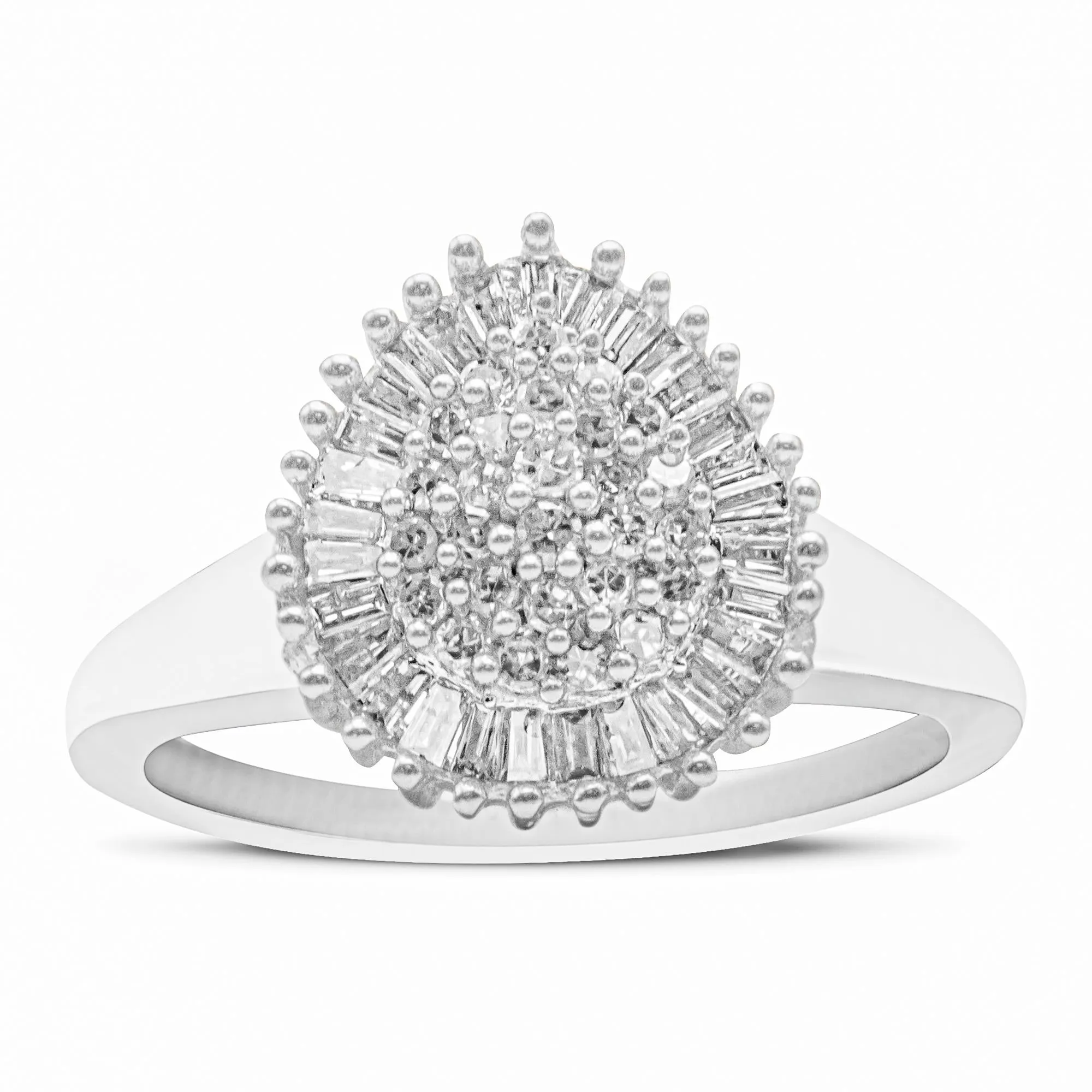 10K White Gold 1/2 Cttw Round & Baguette Cut Diamond Pear Shaped Domed Pavé Cluster with Halo Cocktail Ring (H-I Color, SI1-SI2 Clarity) by Haus of Brilliance