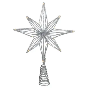 13.75" LED Lighted Battery-Operated Silver Glittered Geometric Star Christmas Tree Topper - Warm White Lights