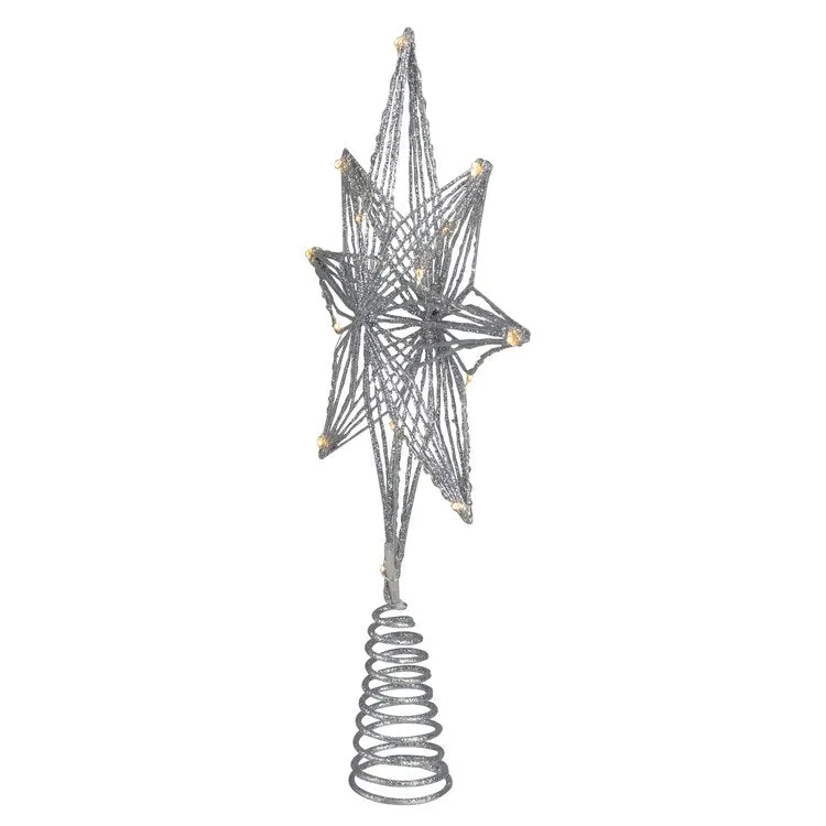 13.75" LED Lighted Battery-Operated Silver Glittered Geometric Star Christmas Tree Topper - Warm White Lights
