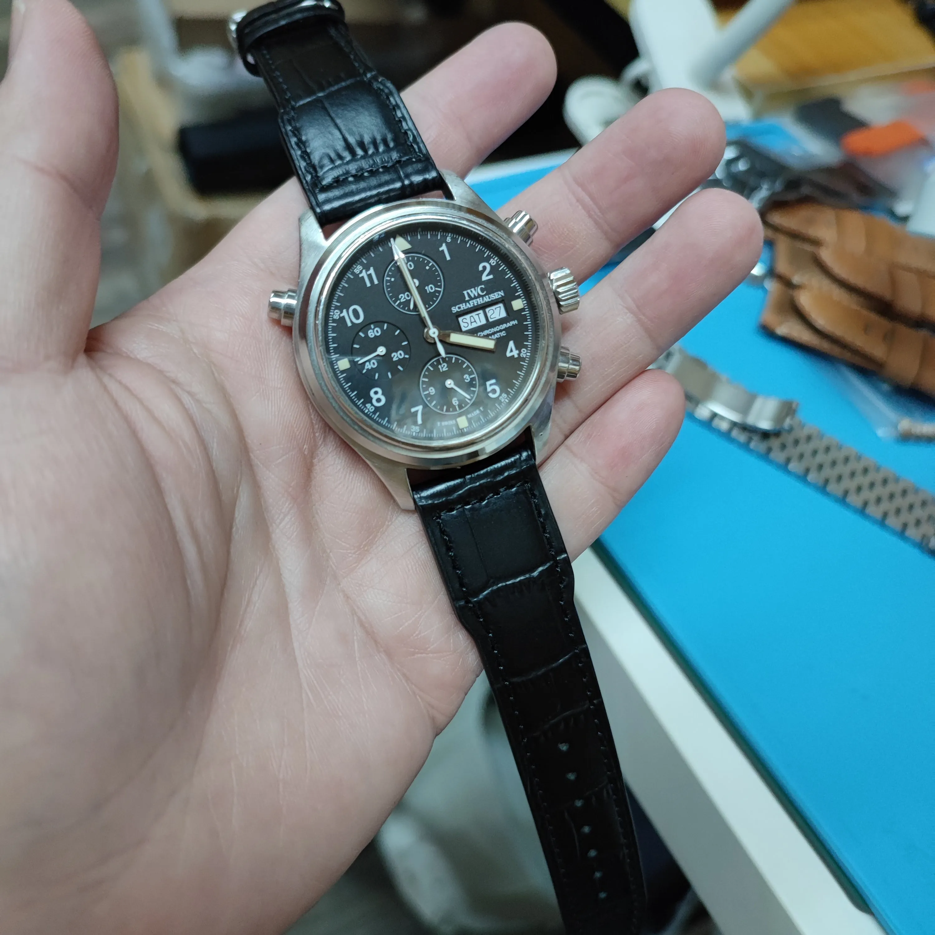 20mm, 21mm, 22mm Black Alligator Embossed Calf Leather Watch Strap For IWC, Semi Square Tail