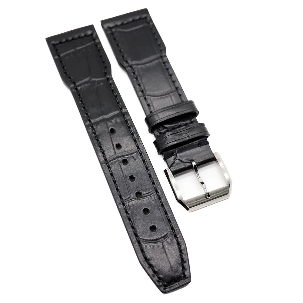 20mm, 21mm, 22mm Black Alligator Embossed Calf Leather Watch Strap For IWC, Semi Square Tail