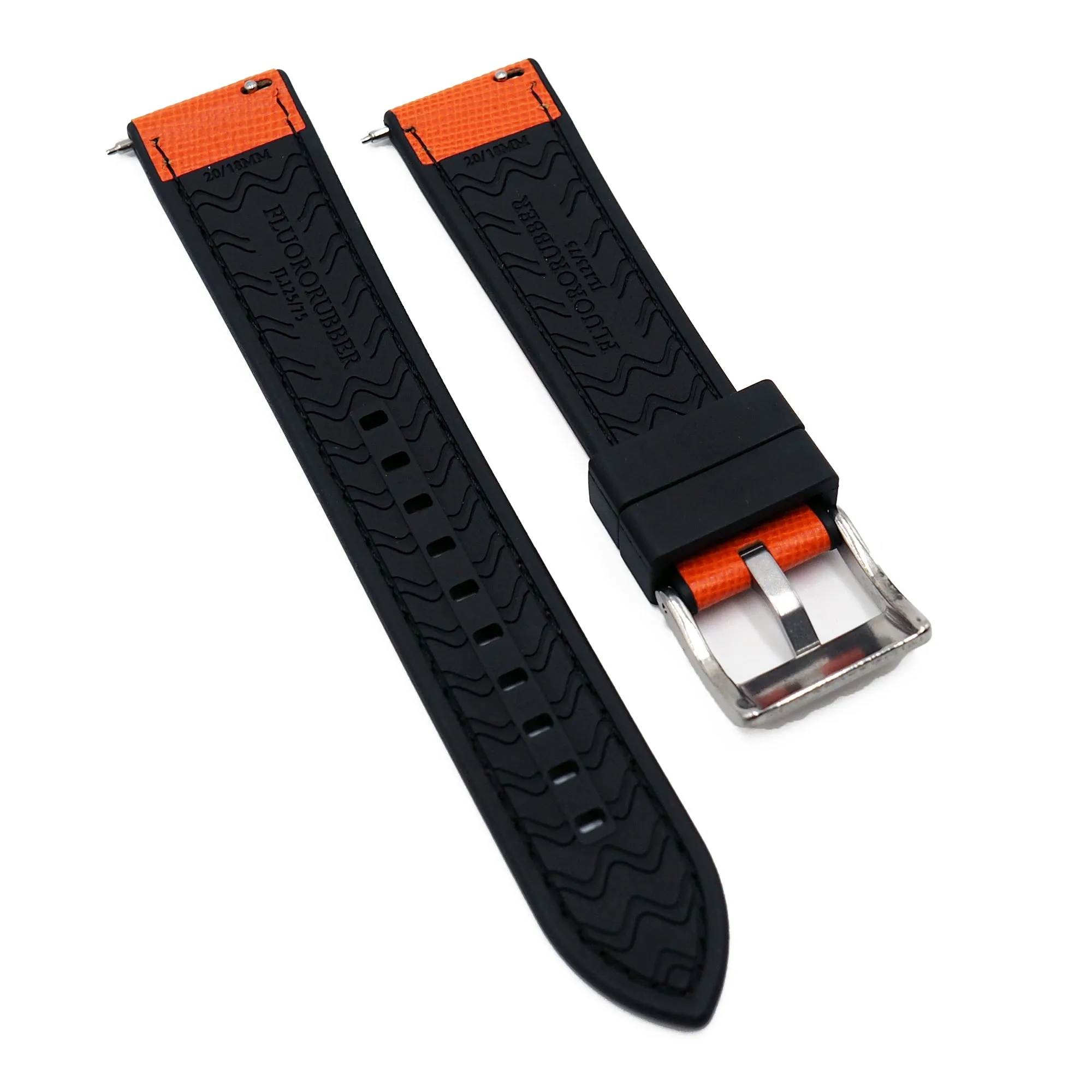 20mm, 22mm Hybrid Orange Saffiano Leather FKM Rubber Watch Strap, Quick Release Spring Bars