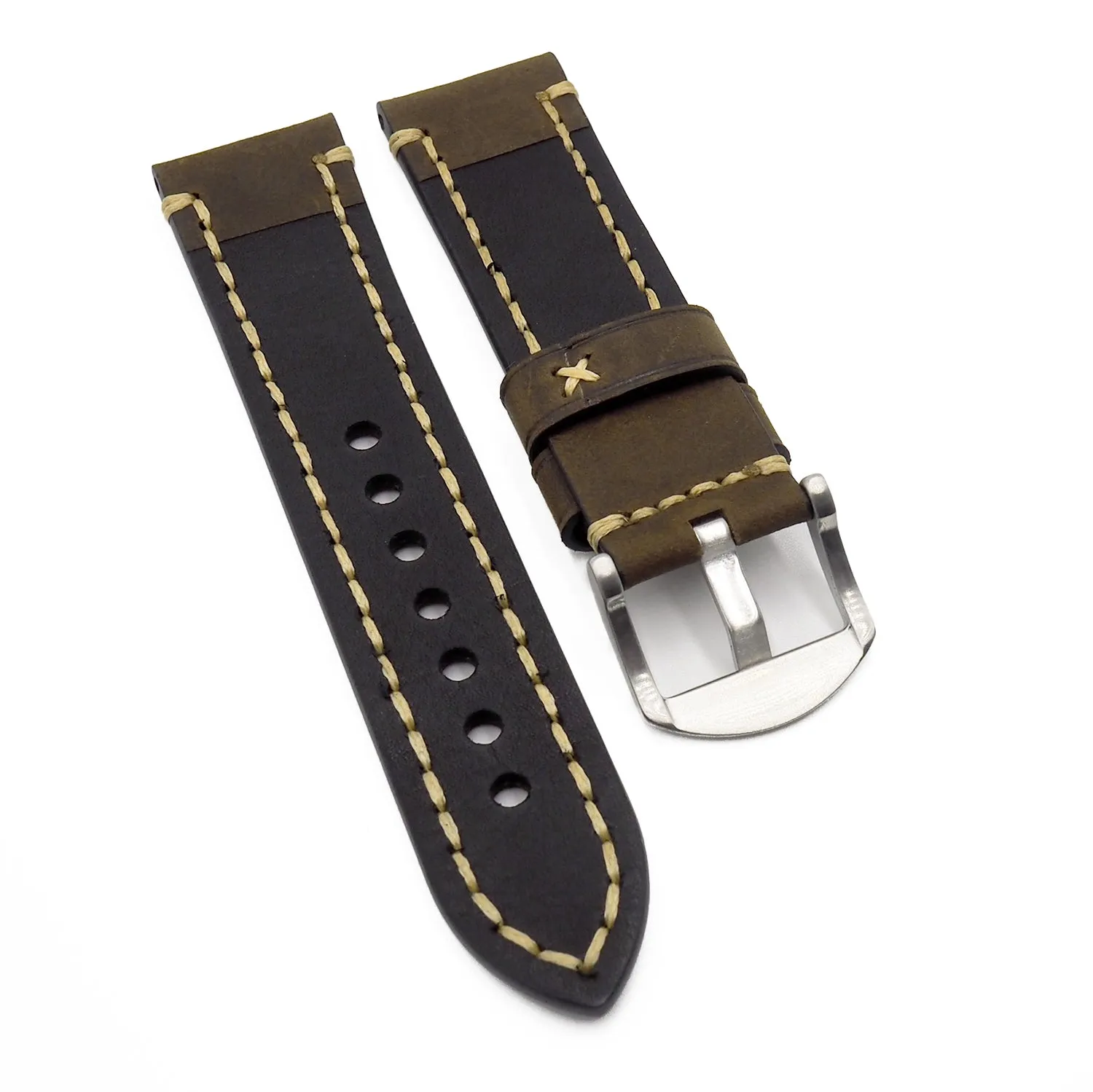23mm Coffee Brown Calf Leather Watch Strap, Wide Stitching