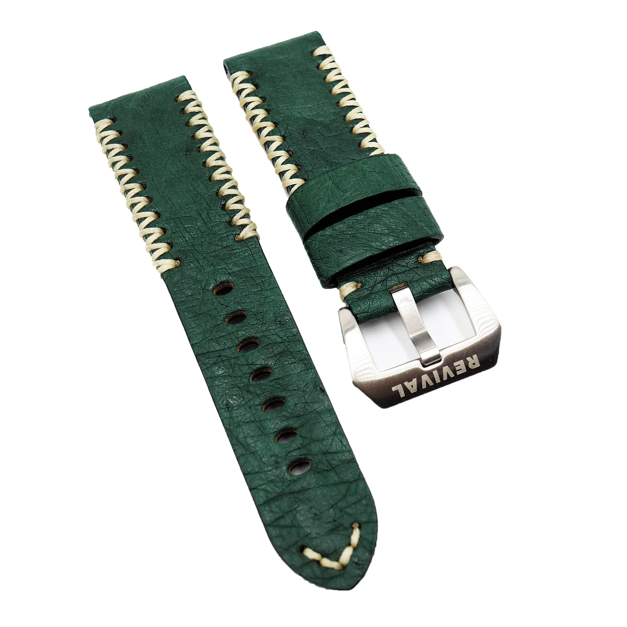 24mm Green Ostrich Leather Watch Strap For Panerai, M Pattern Stitching