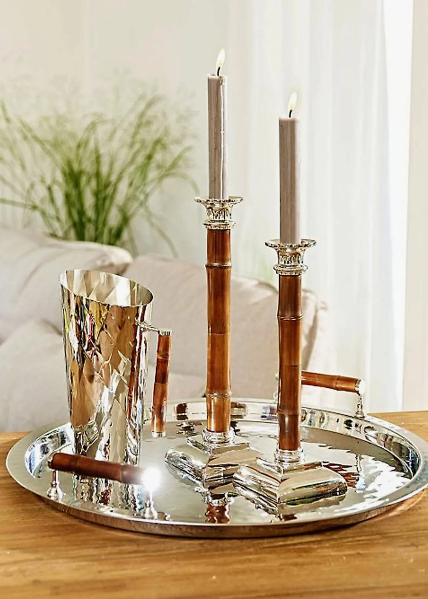 Candlesticks, Stainless Steel and Bamboo, Pair, 10" High