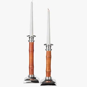 Candlesticks, Stainless Steel and Bamboo, Pair, 10" High