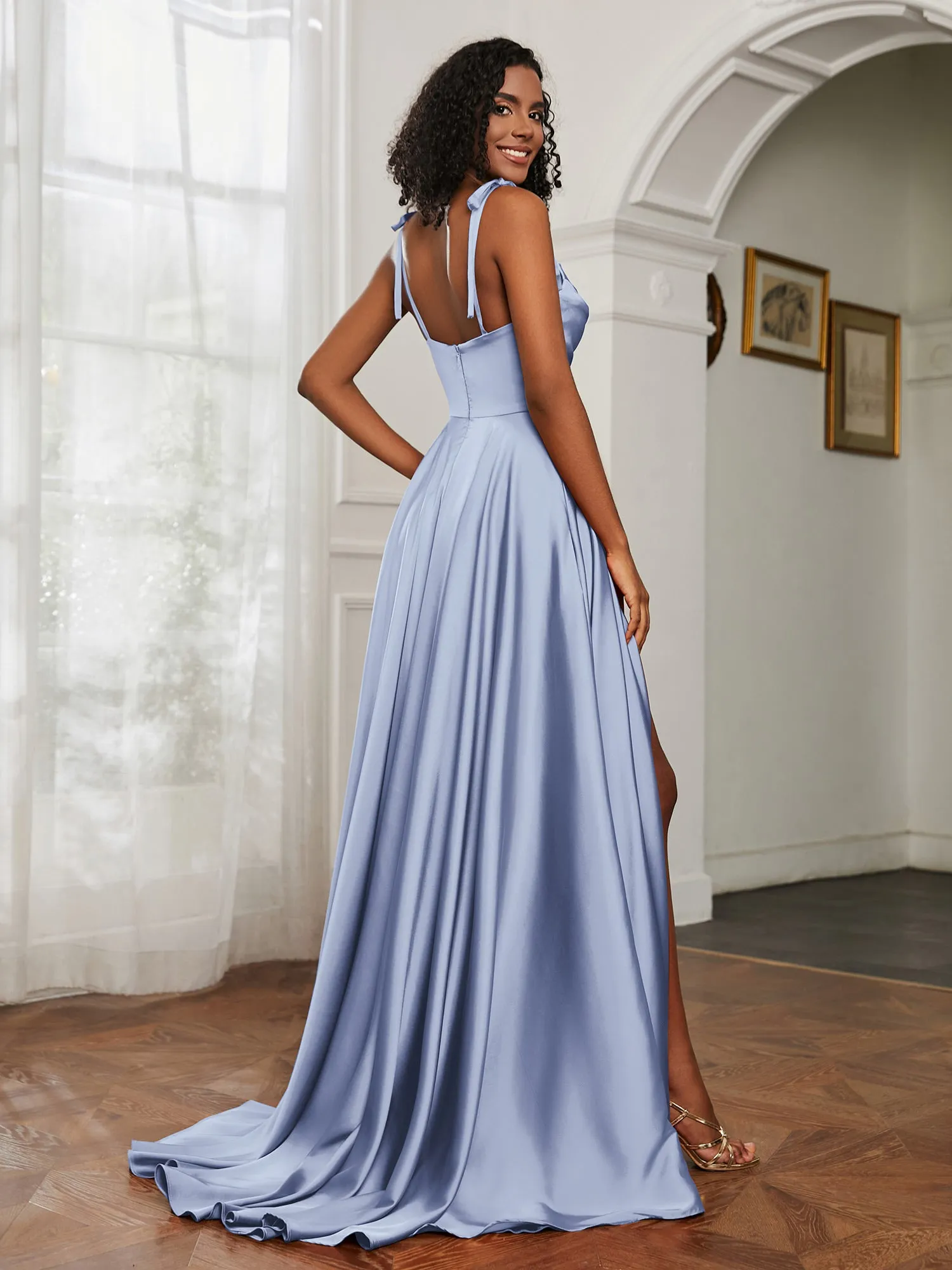 Cowl Neck A-Line Dress With Slit Dusty Blue