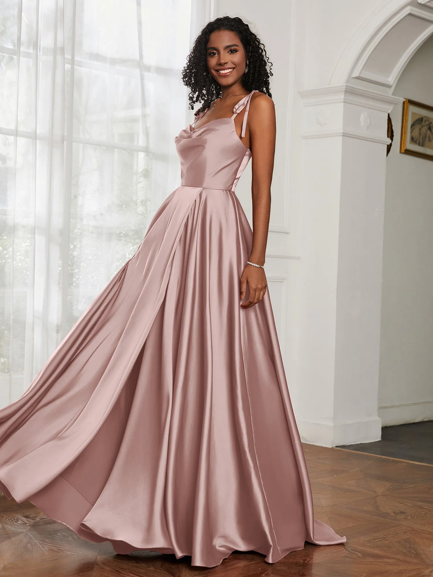 Cowl Neck A-Line Dress With Slit Dusty Rose Plus Size