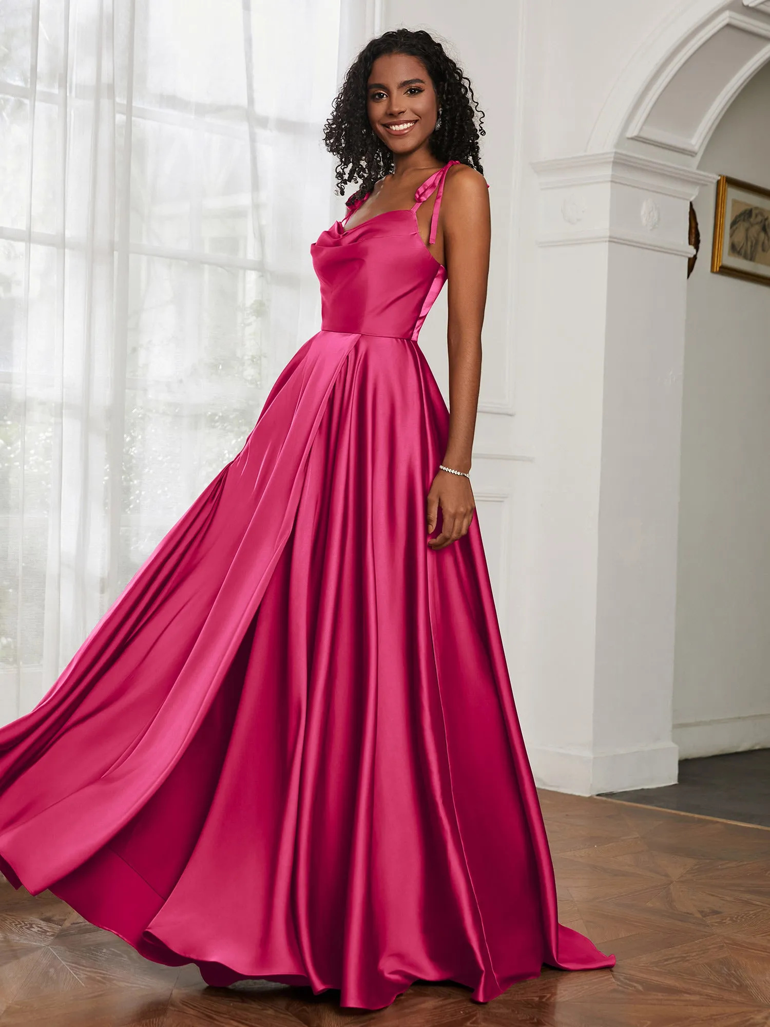 Cowl Neck A-Line Dress With Slit Fuchsia