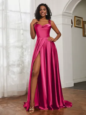 Cowl Neck A-Line Dress With Slit Fuchsia