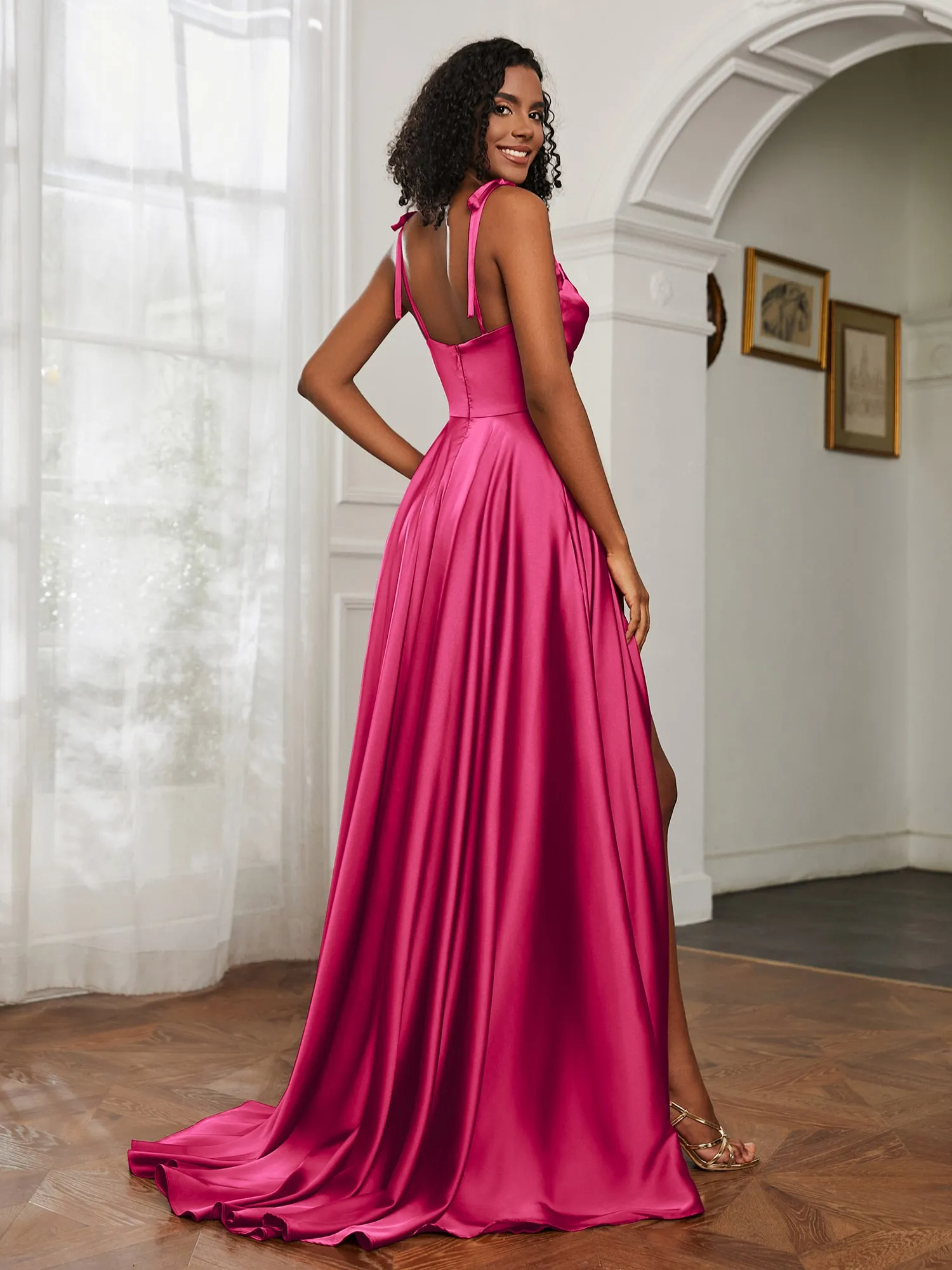 Cowl Neck A-Line Dress With Slit Fuchsia