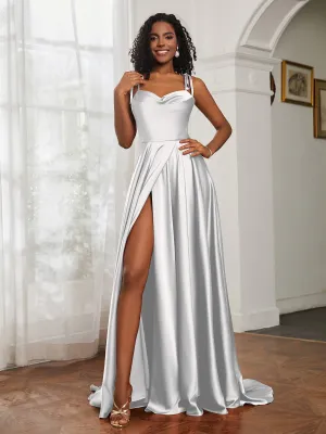 Cowl Neck A-Line Dress With Slit Ivory
