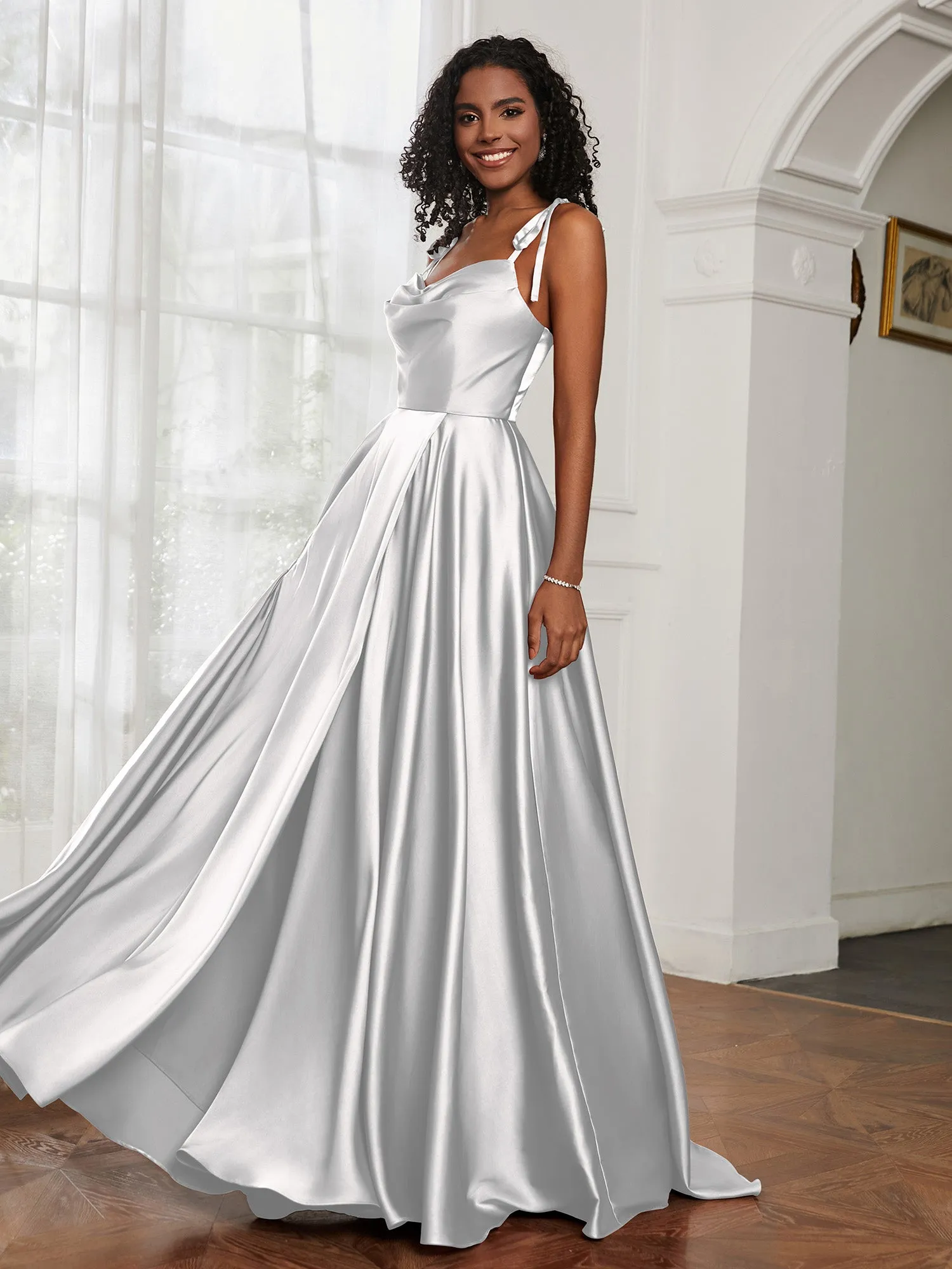 Cowl Neck A-Line Dress With Slit Ivory