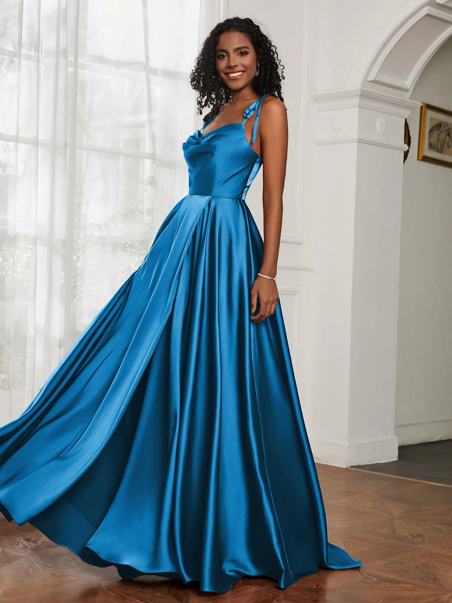 Cowl Neck A-Line Dress With Slit Ocean Blue Plus Size