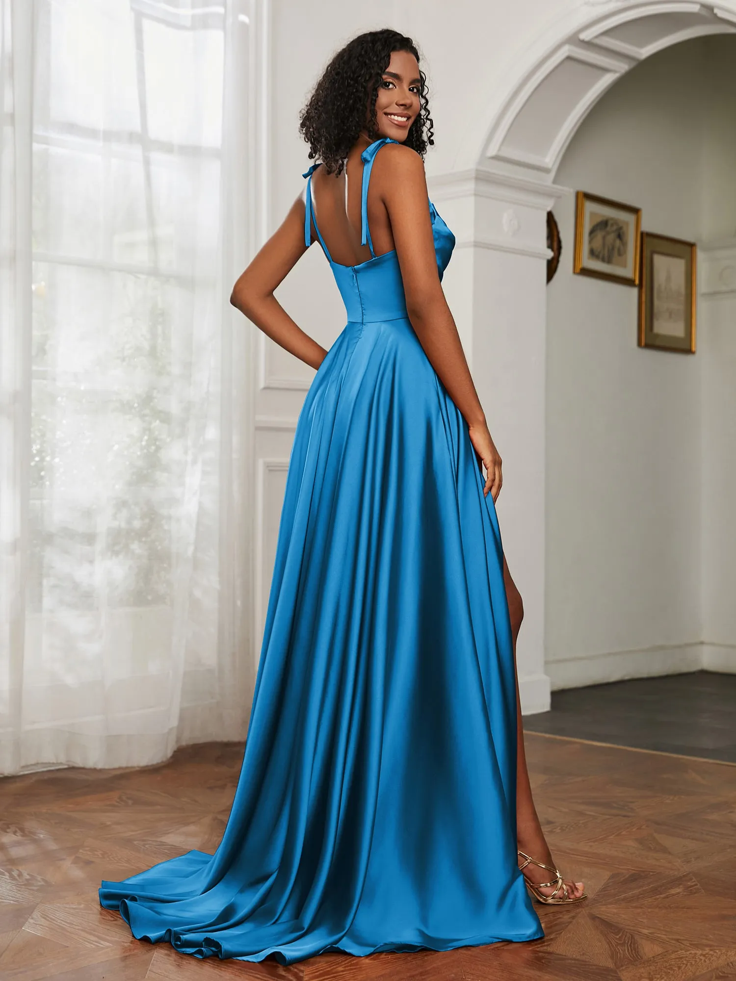 Cowl Neck A-Line Dress With Slit Ocean Blue Plus Size