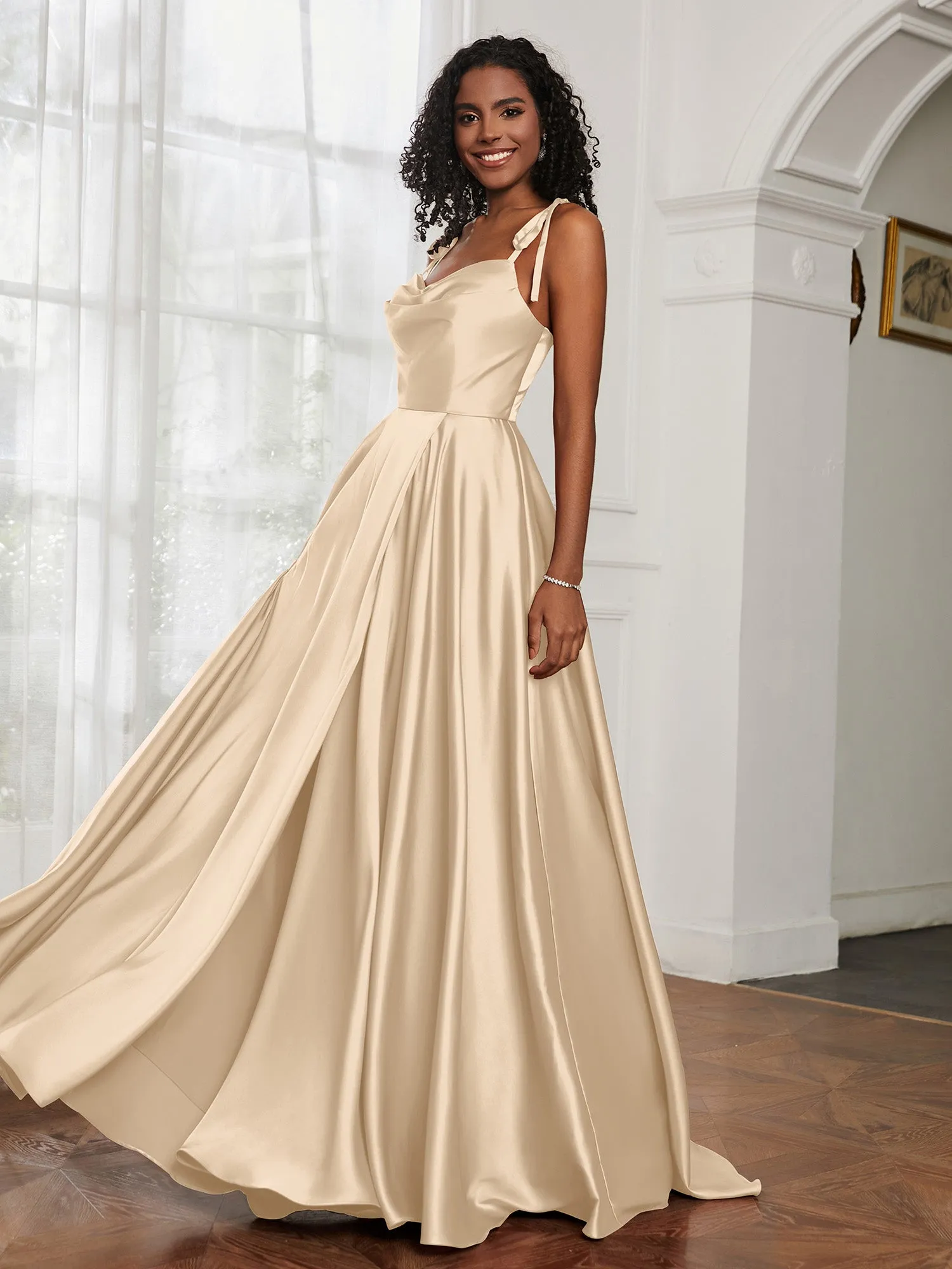 Cowl Neck A-Line Dress With Slit Peach Plus Size