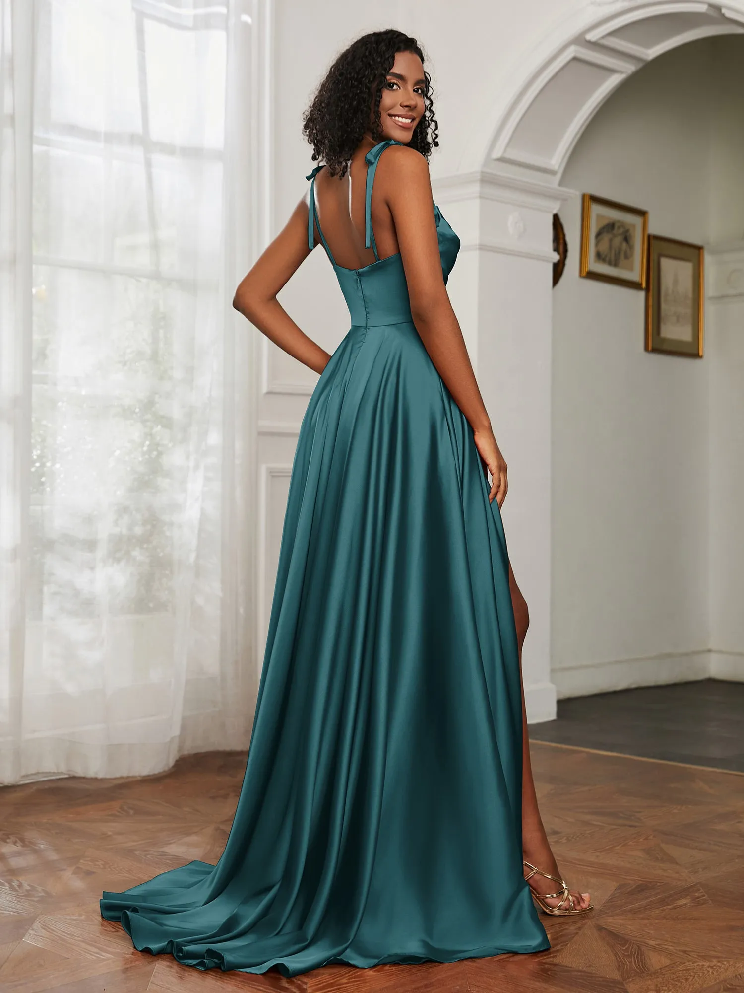 Cowl Neck A-Line Dress With Slit Peacock