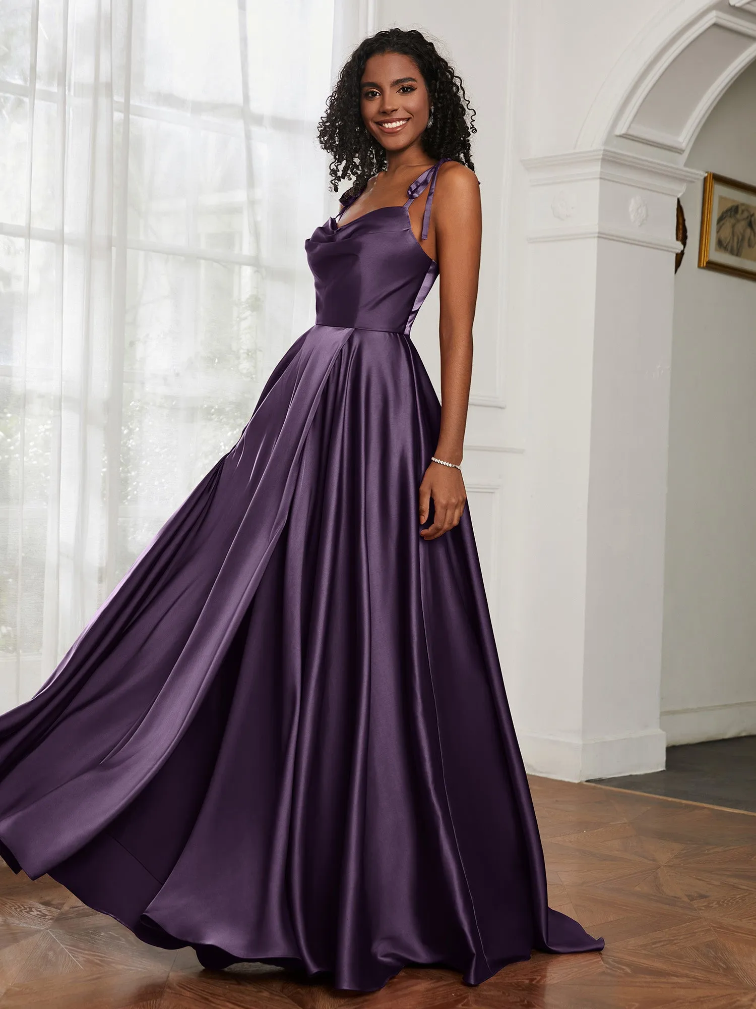 Cowl Neck A-Line Dress With Slit Plum