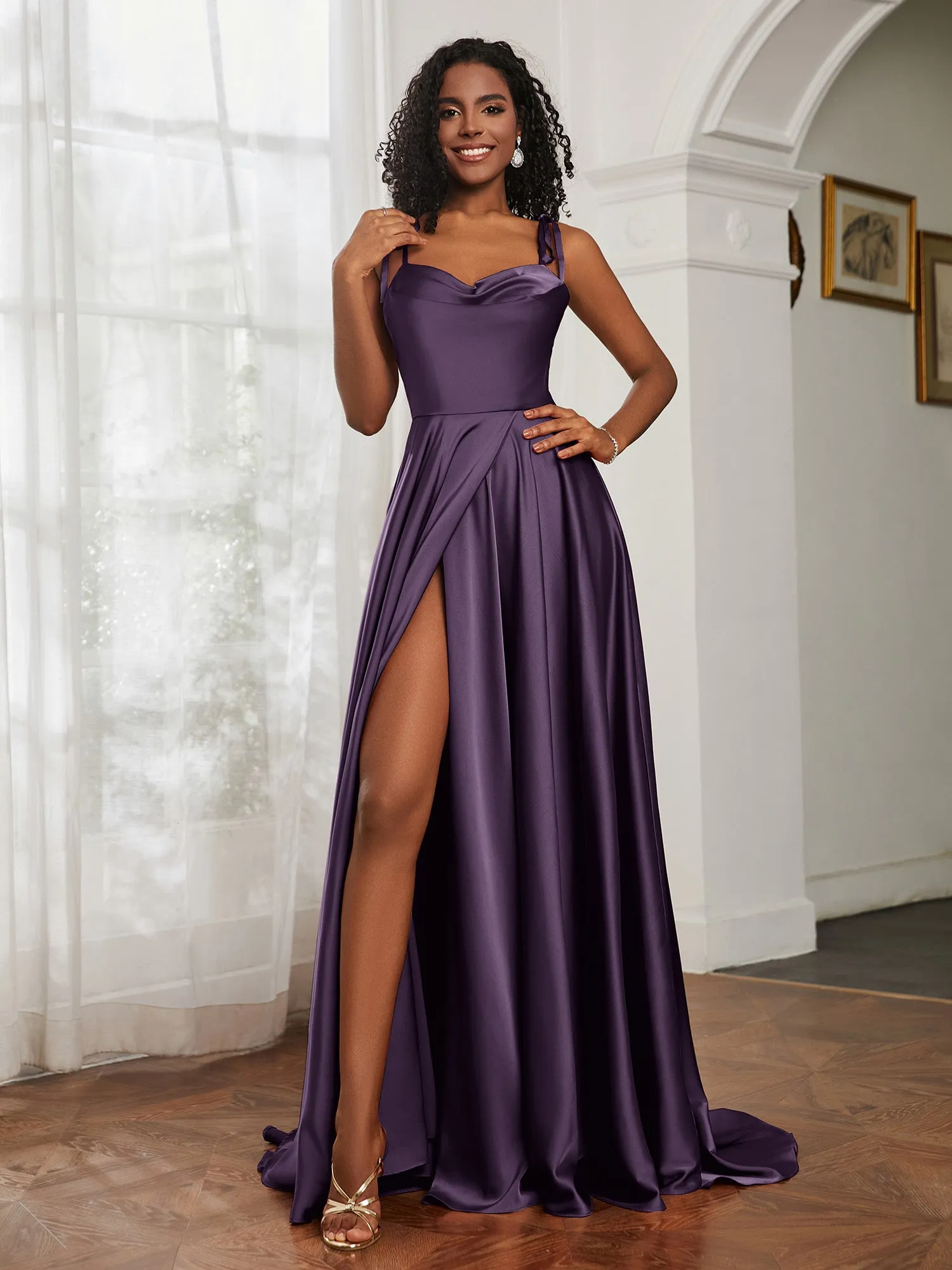 Cowl Neck A-Line Dress With Slit Plum