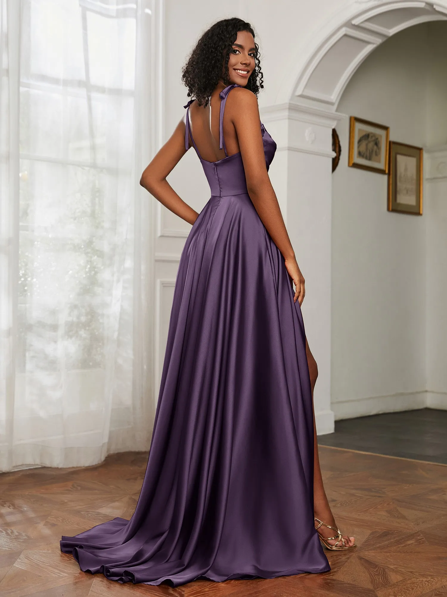 Cowl Neck A-Line Dress With Slit Plum