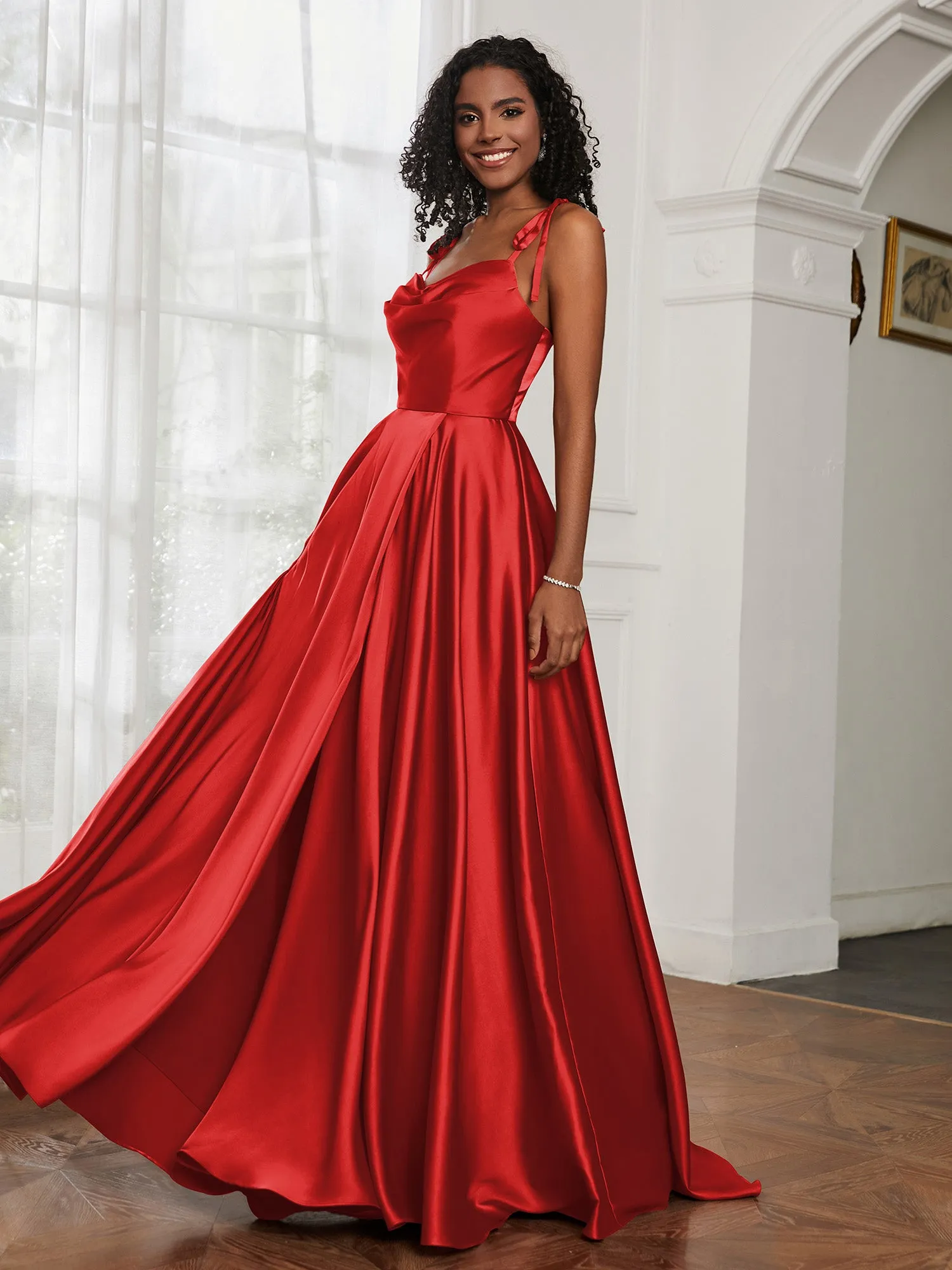 Cowl Neck A-Line Dress With Slit Red Plus Size