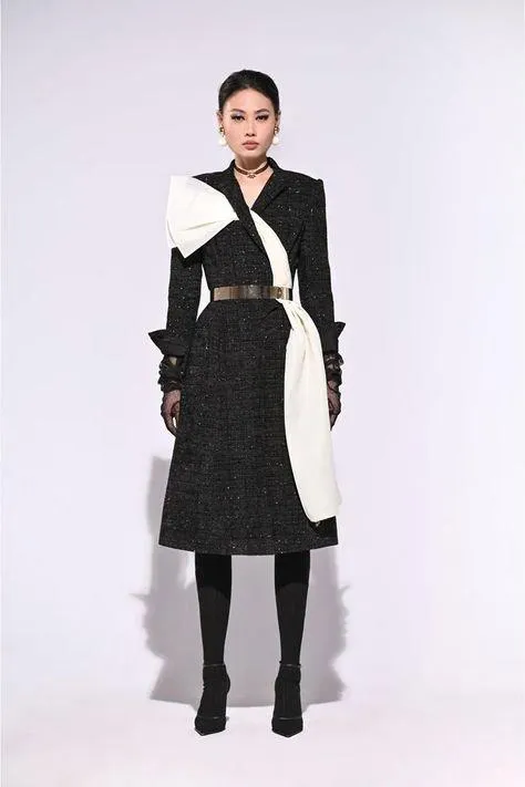 Elegant folded lapel midi designer inspired tweed dress- Chichi