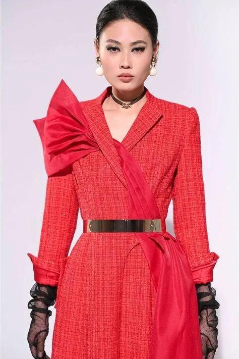 Elegant folded lapel midi designer inspired tweed dress- Chichi
