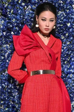 Elegant folded lapel midi designer inspired tweed dress- Chichi
