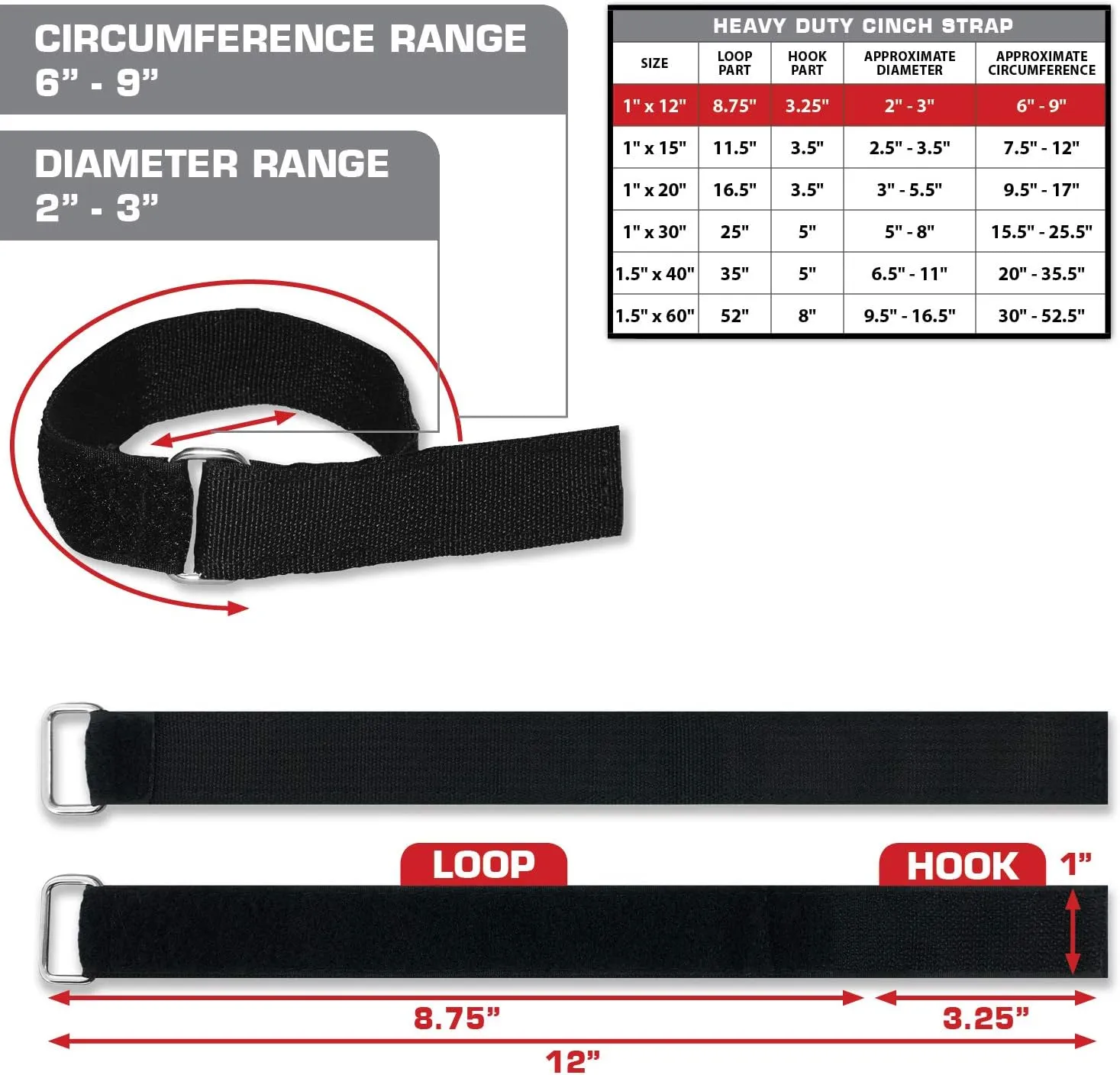 Heavy Duty Cinch Straps with Stainless Steel Metal Buckle, Reusable Durable Hook and Loop, Multipurpose Securing Straps - 6 Pack - 1" x 12"