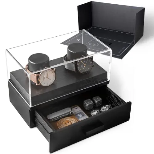 Holme & Hadfield Double Watch Box Fathers Day Gift Sleek Wooden Organizer Black