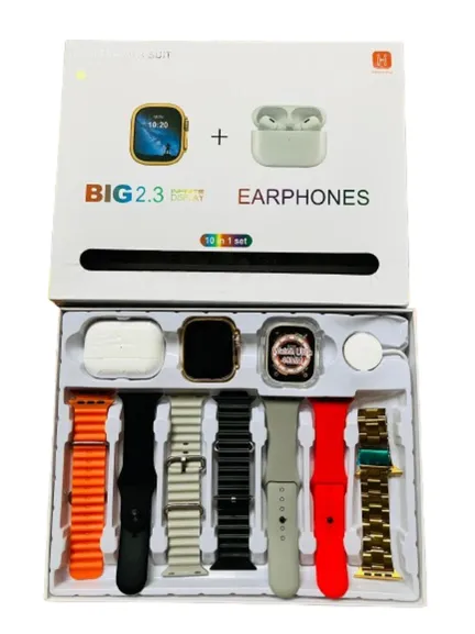 I20 Ultra Max suit Smart Watch 10 in 1 box 2.3 infinite Display with 7 straps and Airpods