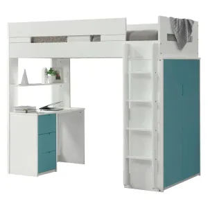 Jaxson Twin Loft Bed w/Desk and Wardrobe, White & Teal