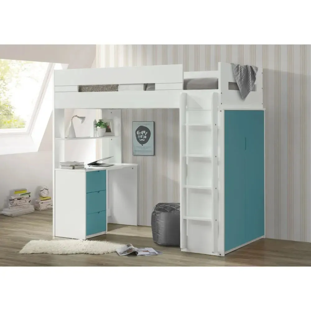 Jaxson Twin Loft Bed w/Desk and Wardrobe, White & Teal
