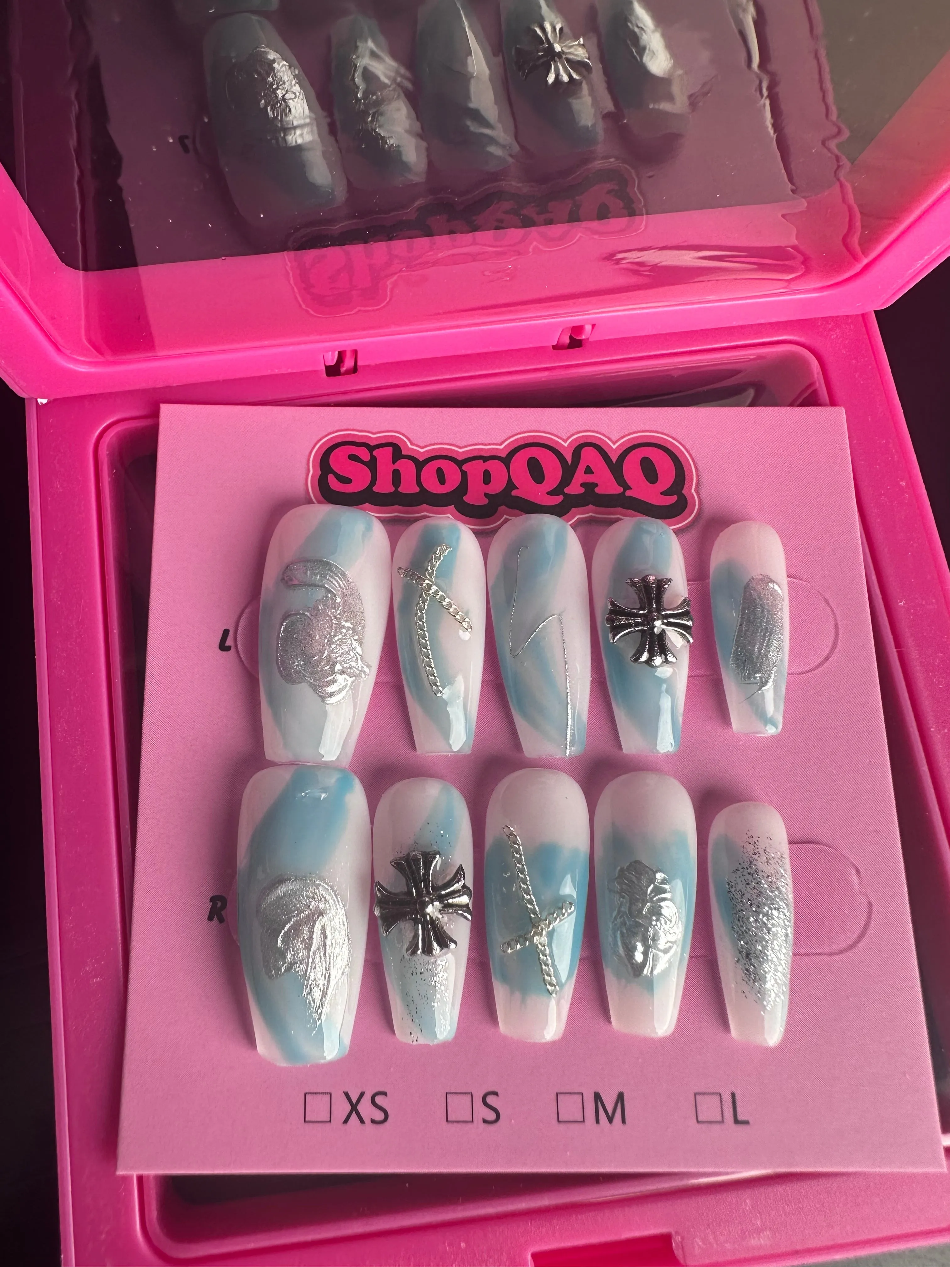 Luxurious Cool-Toned Blue French Hollow Press-On Nails
