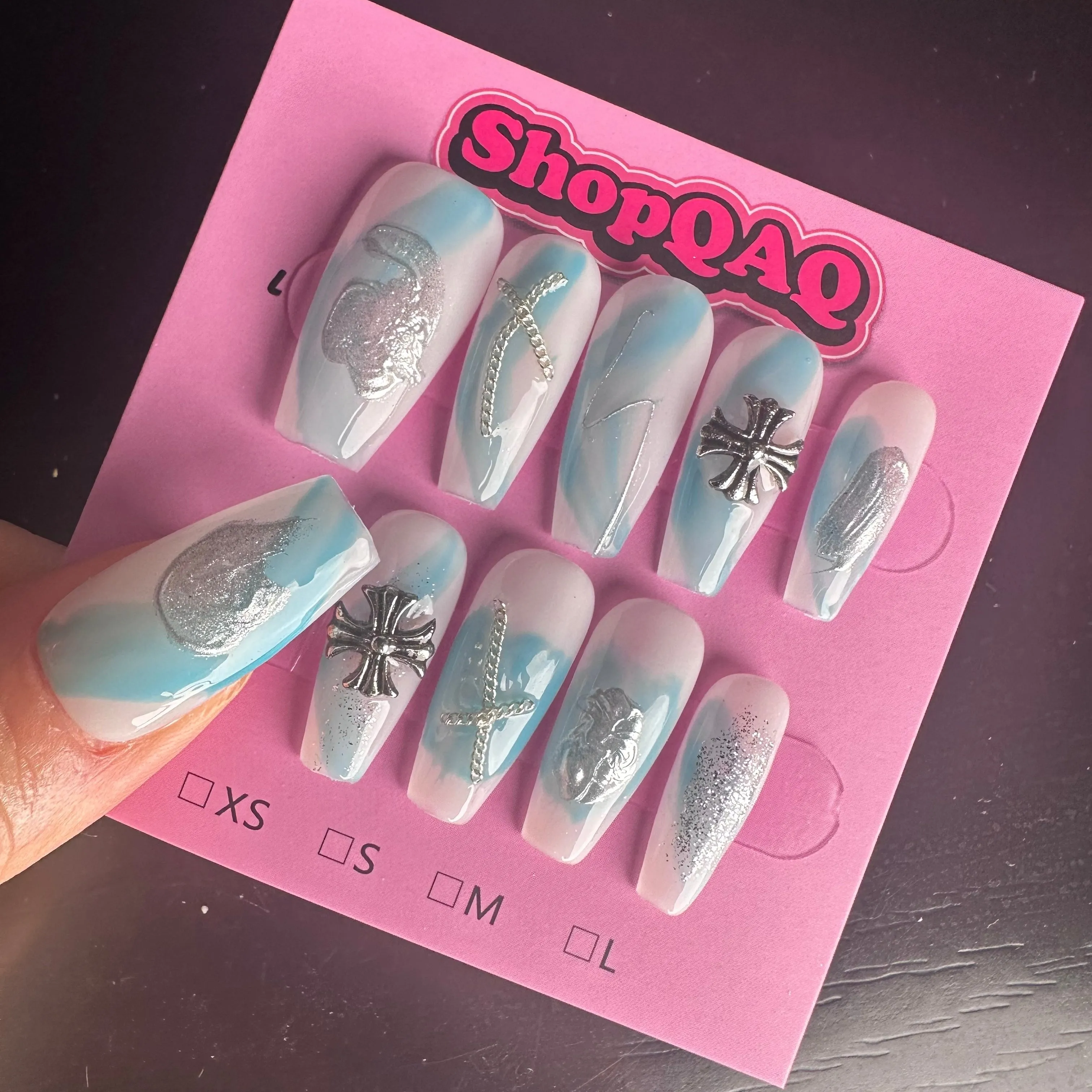 Luxurious Cool-Toned Blue French Hollow Press-On Nails