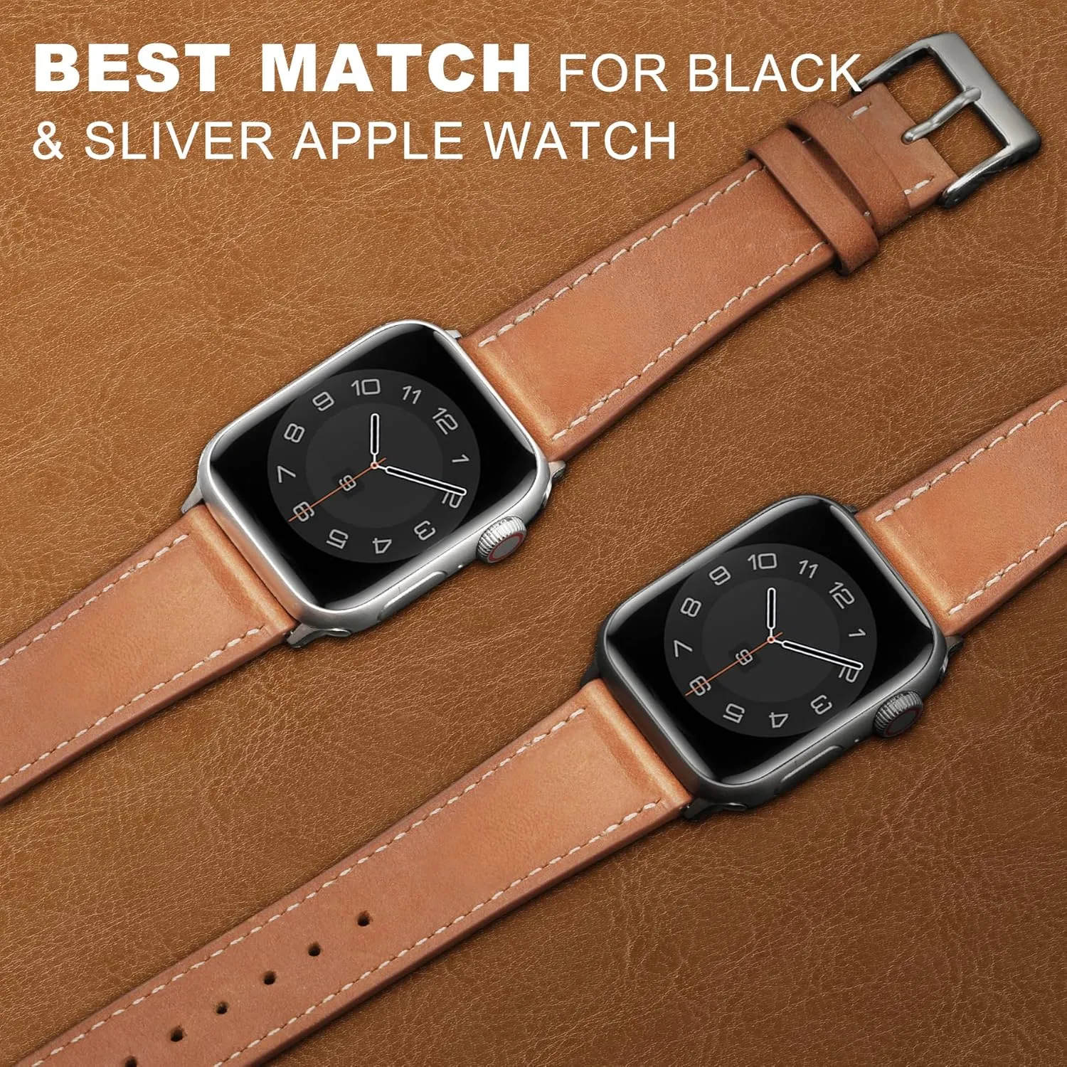 Marge Plus Compatible with Apple Watch Band Series SE 7 6 5 4 3 2 1 45mm 41mm 44mm 40mm 42mm 38mm, Genuine Leather Replacement Band for iWatch, Leather Apple Watch Strap for Women & Men Brown