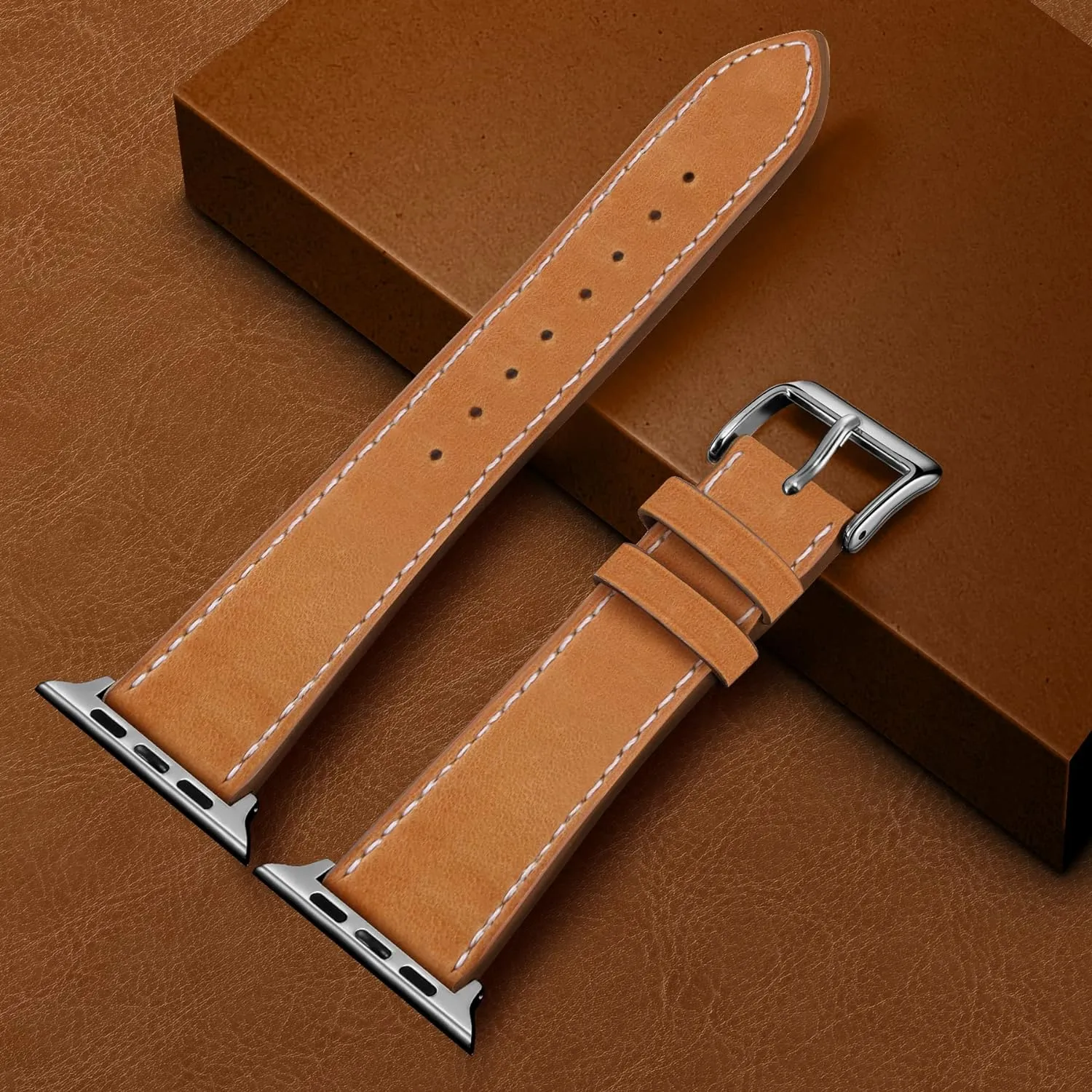 Marge Plus Compatible with Apple Watch Band Series SE 7 6 5 4 3 2 1 45mm 41mm 44mm 40mm 42mm 38mm, Genuine Leather Replacement Band for iWatch, Leather Apple Watch Strap for Women & Men Brown