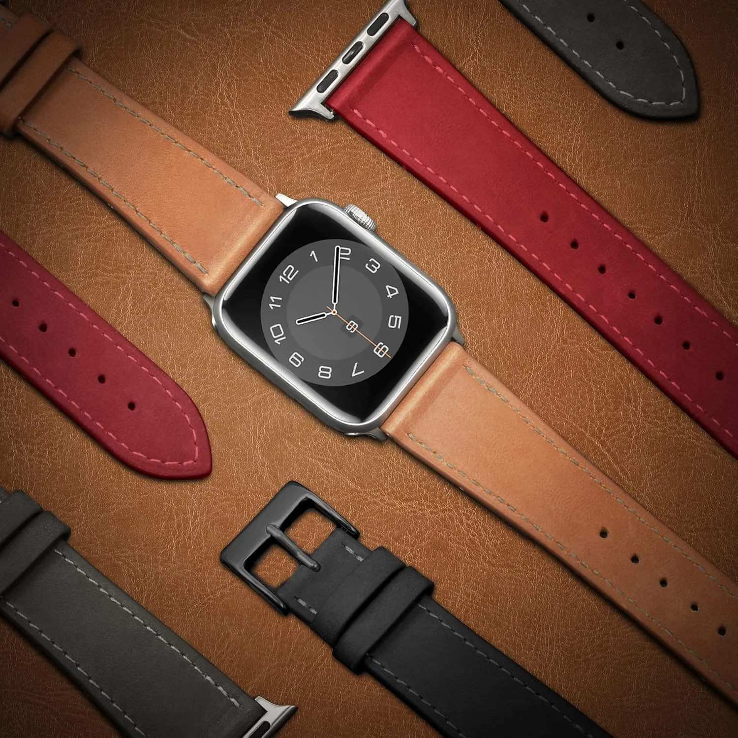Marge Plus Compatible with Apple Watch Band Series SE 7 6 5 4 3 2 1 45mm 41mm 44mm 40mm 42mm 38mm, Genuine Leather Replacement Band for iWatch, Leather Apple Watch Strap for Women & Men Brown