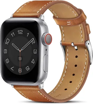 Marge Plus Compatible with Apple Watch Band Series SE 7 6 5 4 3 2 1 45mm 41mm 44mm 40mm 42mm 38mm, Genuine Leather Replacement Band for iWatch, Leather Apple Watch Strap for Women & Men Brown