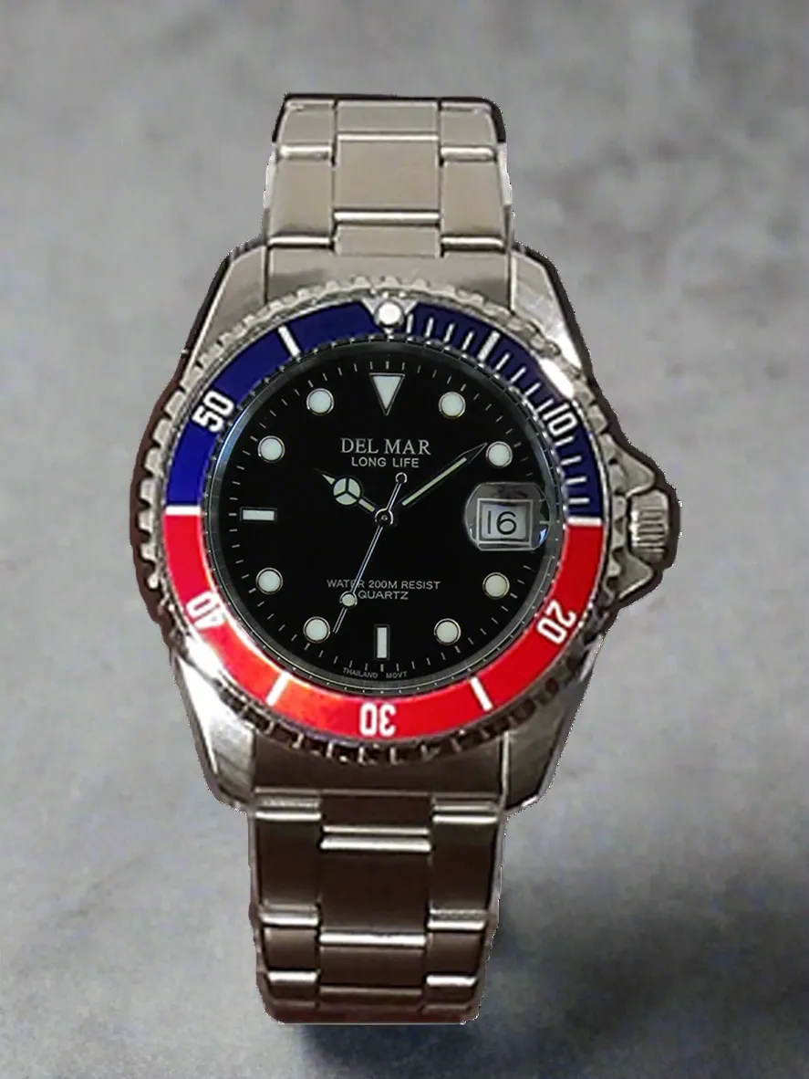 Men's Classic Coronado Black Face, Blue & Red Bezel Watch #50127
