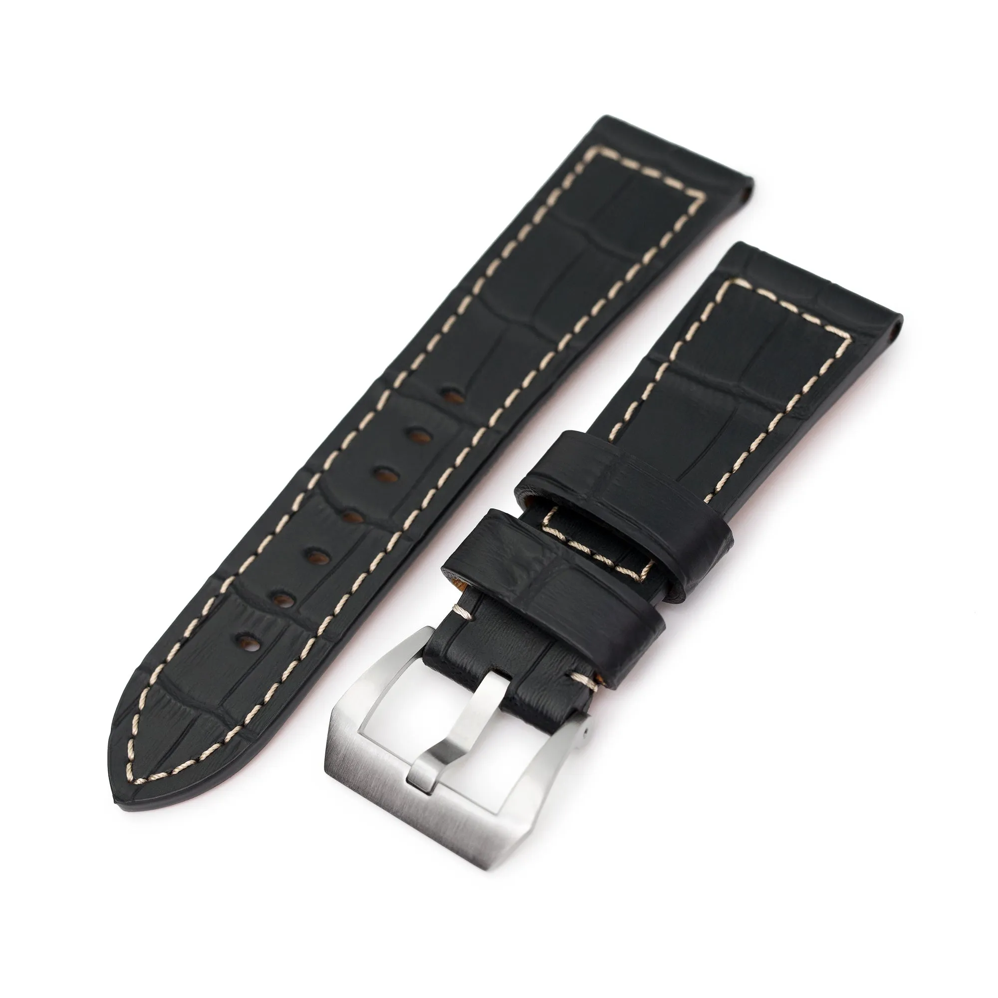 Pam Collection, Black Croco Grain Italian Leather Strap for Panerai, Beige Stitch.