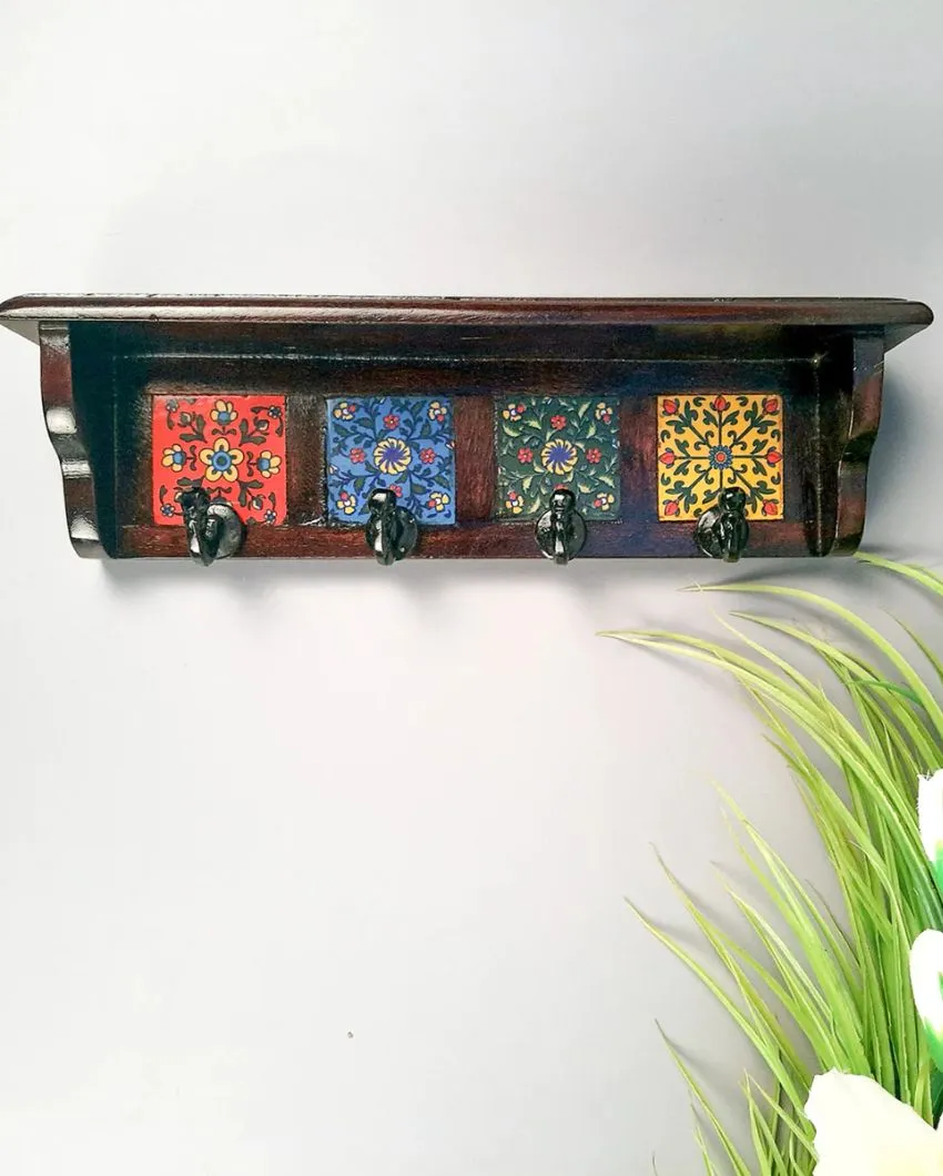 Stylish Wood Polished Key Holder Stand with Ceramic Tile Design | 12 x 3 x 4 inches