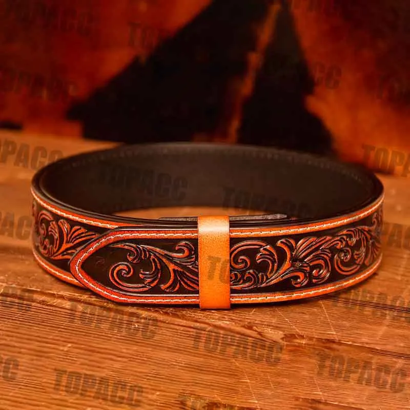 TOPACC Western Genuine Leather Pattern Tooled Belt
