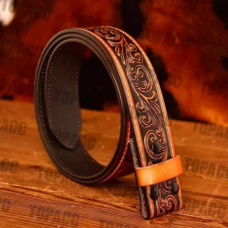 TOPACC Western Genuine Leather Pattern Tooled Belt