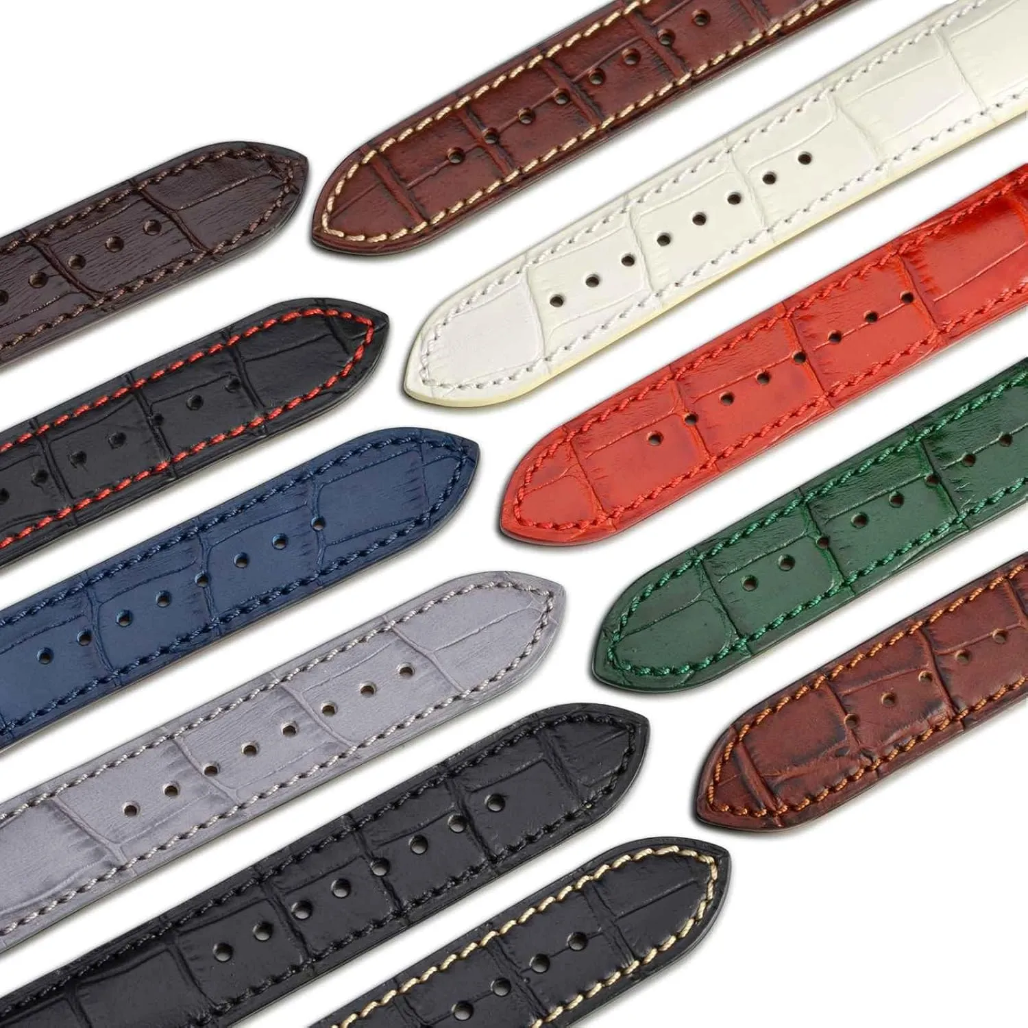 WOCCI 20mm Watch Band, Italian Leather, Embossed Alligator Grain, Gold Buckle (Brown)