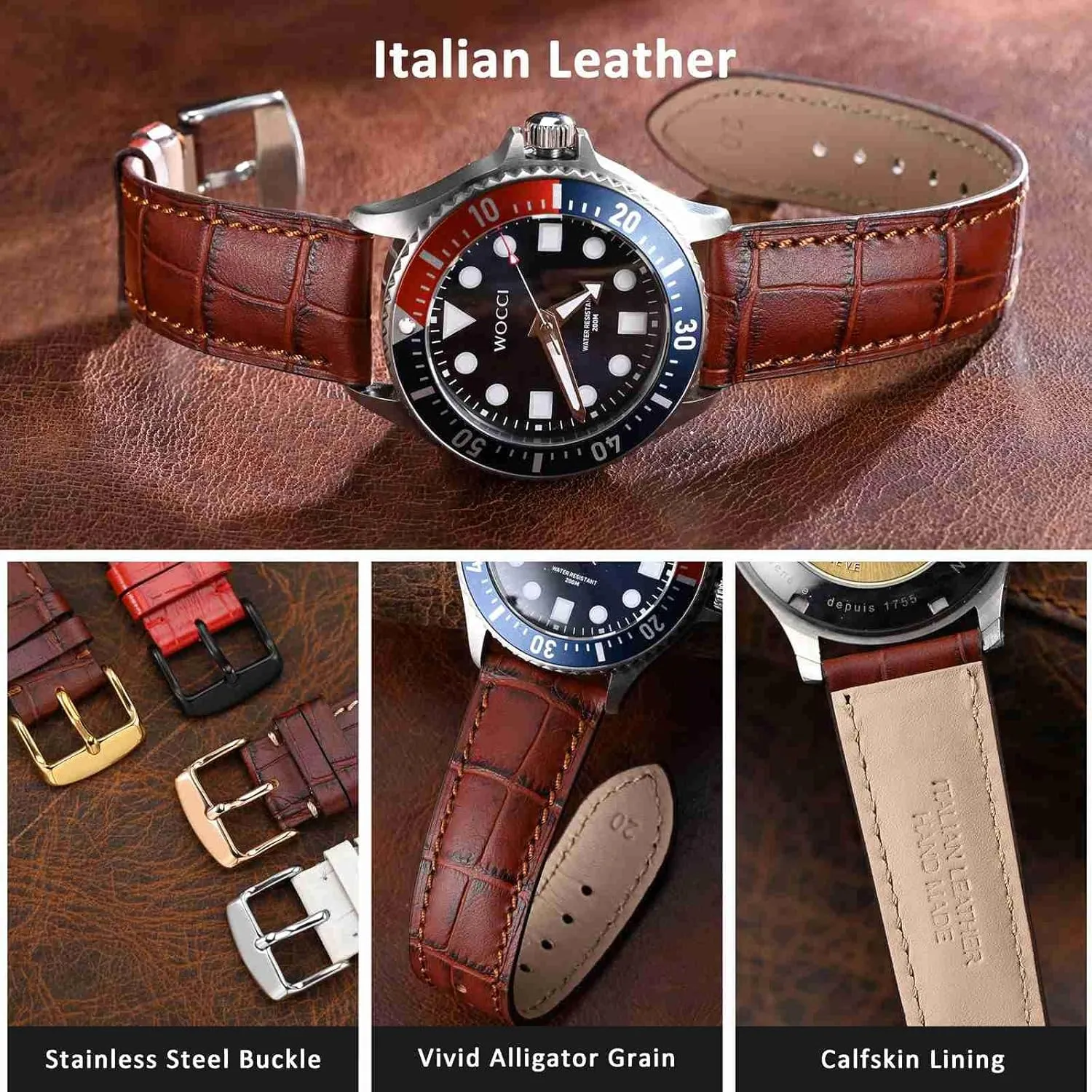 WOCCI 20mm Watch Band, Italian Leather, Embossed Alligator Grain, Gold Buckle (Brown)