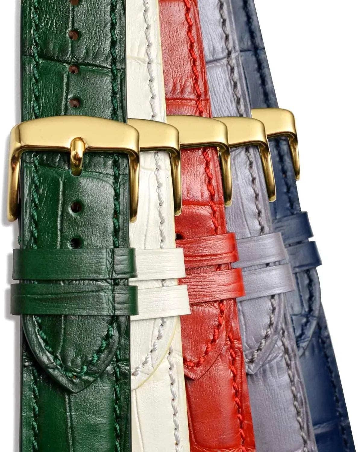 WOCCI 20mm Watch Band, Italian Leather, Embossed Alligator Grain, Gold Buckle (Brown)