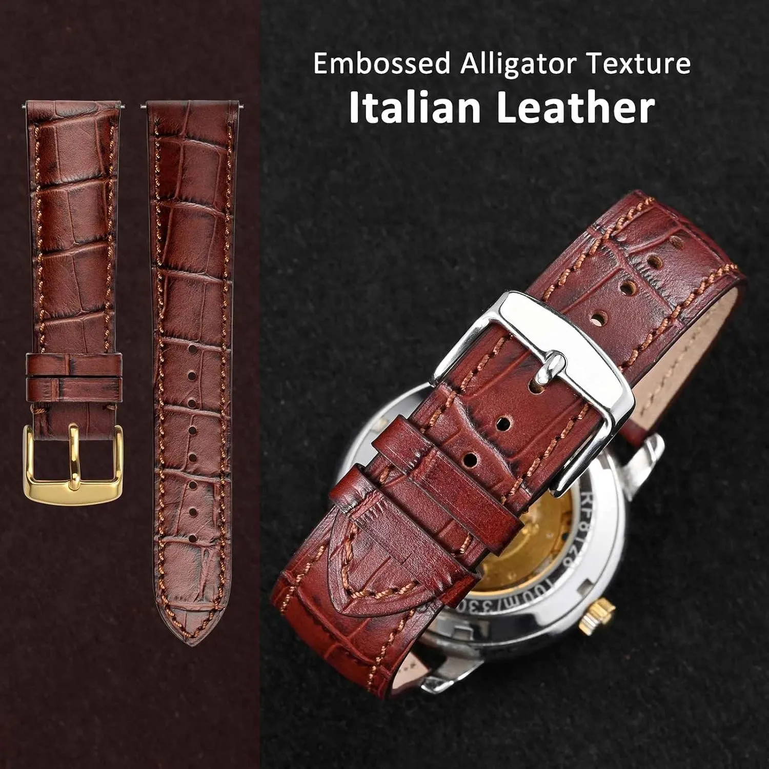 WOCCI 20mm Watch Band, Italian Leather, Embossed Alligator Grain, Gold Buckle (Brown)