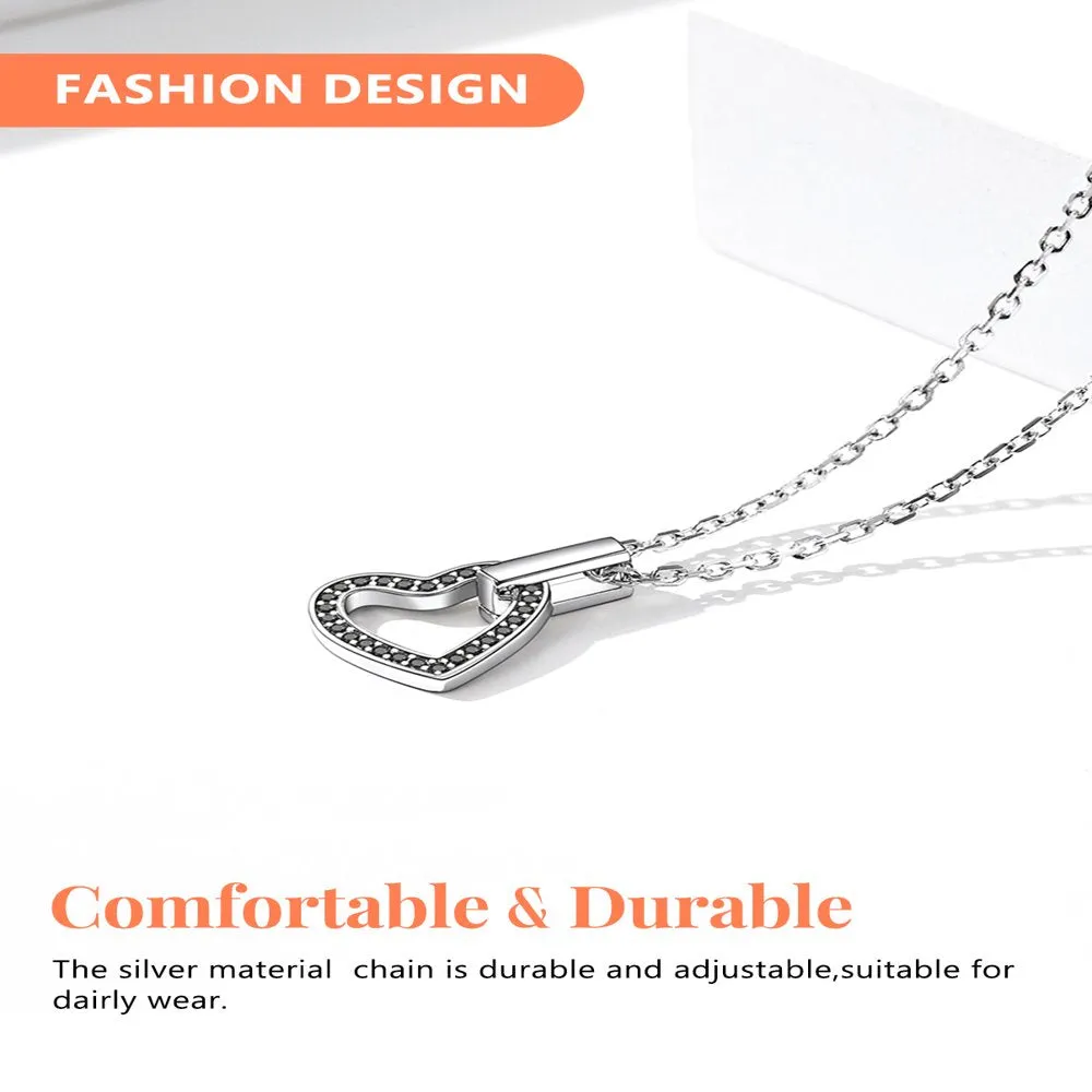 Women Sterling Silver Necklace with Black Cubic Zirconia, Heart Love Pendant Necklace Layering Necklace Gift for Mom Wife Girlfriend