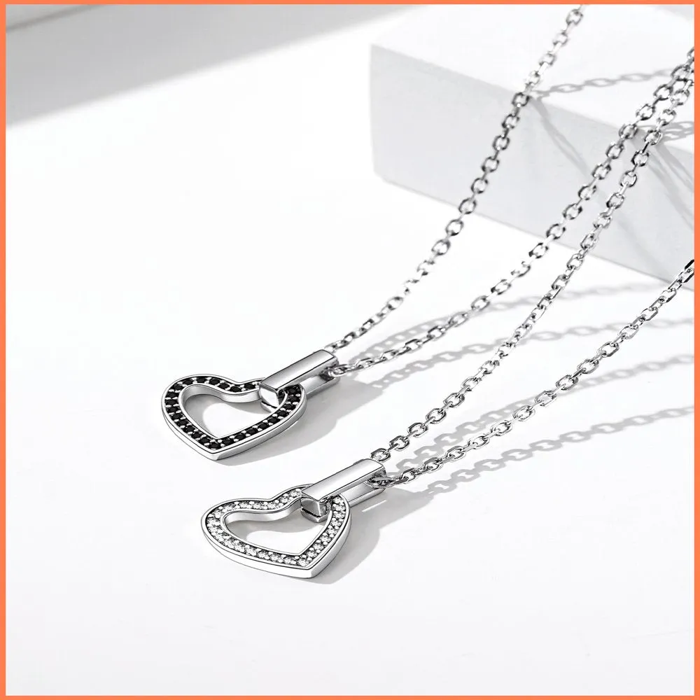 Women Sterling Silver Necklace with Black Cubic Zirconia, Heart Love Pendant Necklace Layering Necklace Gift for Mom Wife Girlfriend